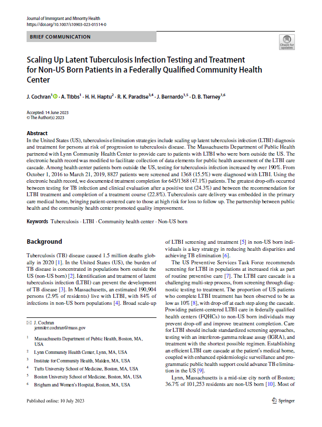 Scaling Up Latent Tuberculosis Infection Testing and Treatment for Non-US Born Patients in a Federally Qualified Community Health Center - 2023